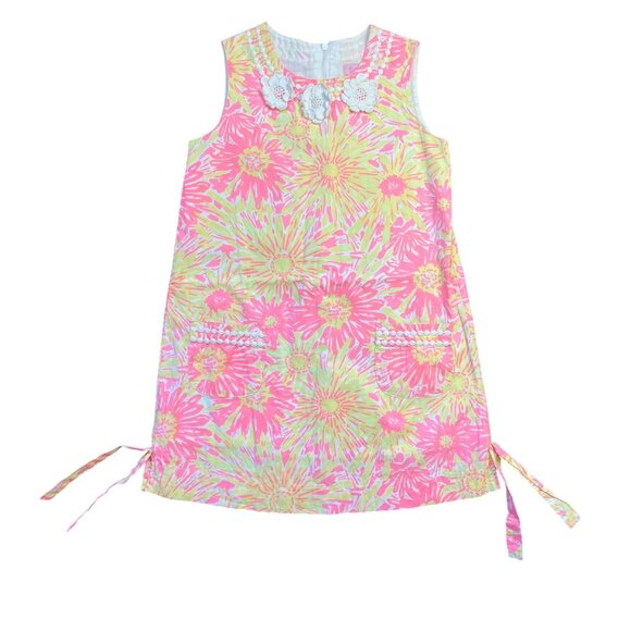 Lilly Pulitzer Classic Shift Dress Girls 6 100% Cotton Floral Pink Yellow Pocket - Picture 1 of 11